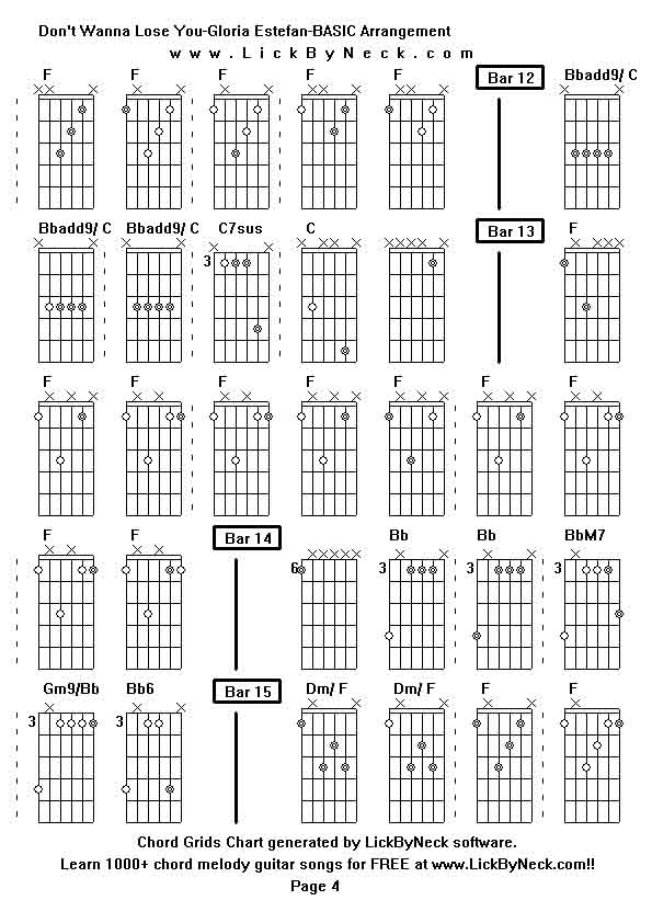 Chord Grids Chart of chord melody fingerstyle guitar song-Don't Wanna Lose You-Gloria Estefan-BASIC Arrangement,generated by LickByNeck software.